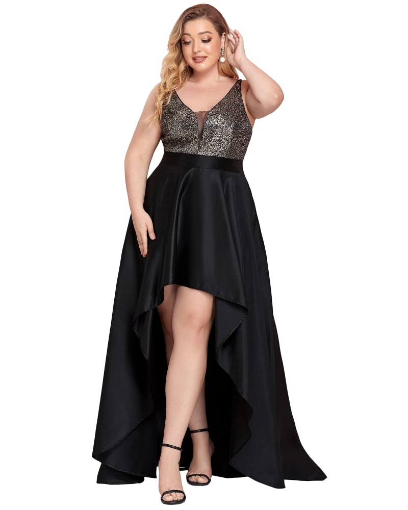 Front of a model wearing a size 16 Sparkly Bodice High Low Prom Dress in Black by Ever-Pretty. | dia_product_style_image_id:291521